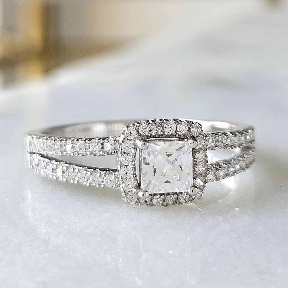Princess Cut Halo Ring -  925 Sterling Silver Engagement / Promise